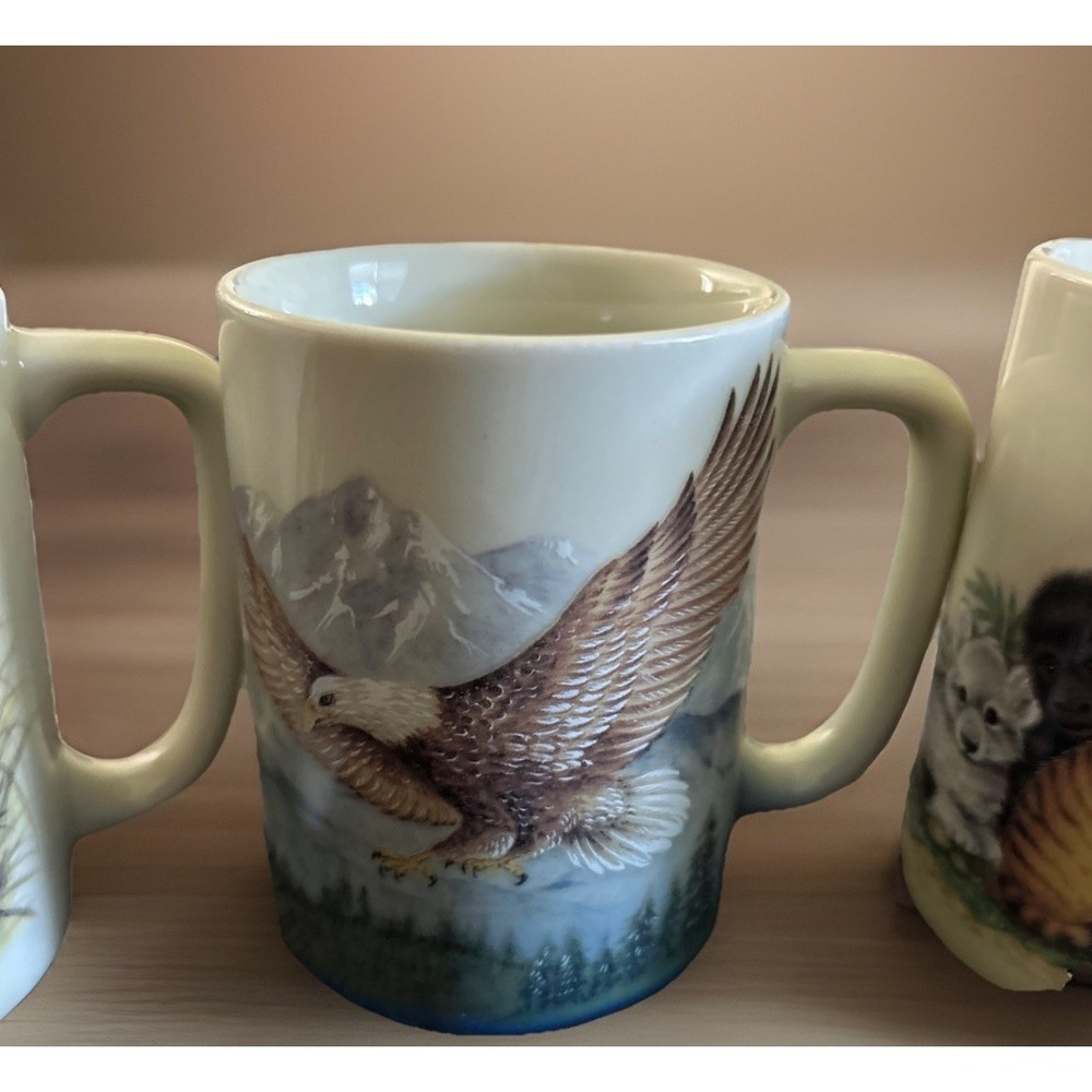 Otagiri Mugs Lot Of 3 Eagle Raccoon Natures Endangered Wildlife Japan Vintage - Picture 3 of 9